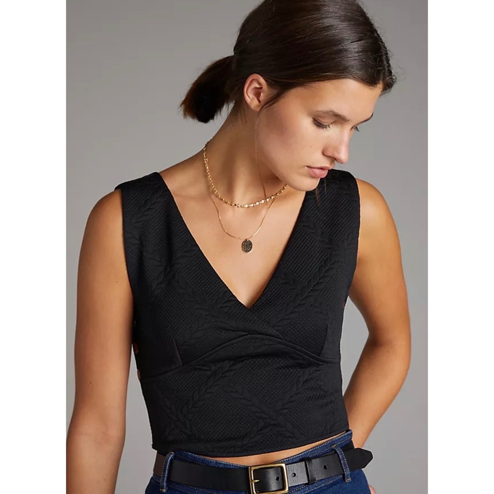 Maeve V-Neck Gold Button Side Crop Top Women's Small Black Quilted Button EUC